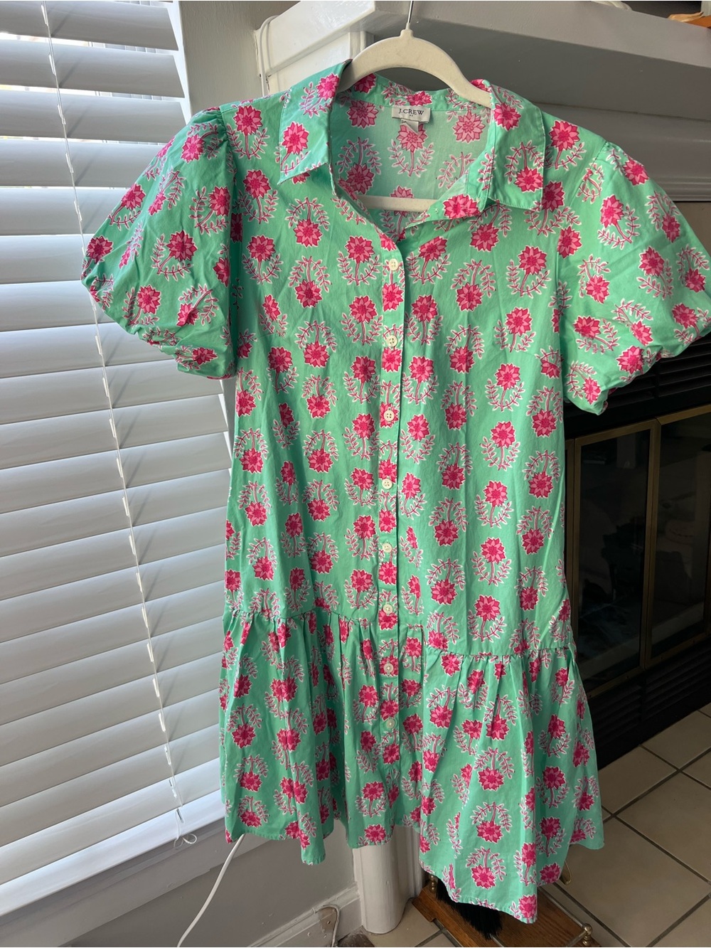 J. Crew Bubble Sleeve Mint Green Floral Button-Front Mini Collared Dress 6